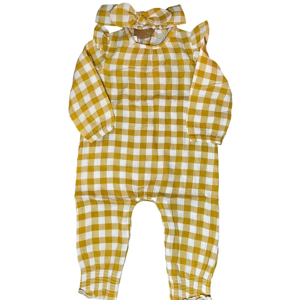 Mud Pie 12-18m NWT Gingham Romper Bodysuit Headband Set Mustard yellow cotton ga